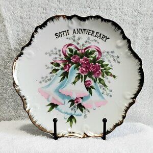 Vintage 8 1/4" 50th Anniversary Porcelain Wall Hanging Plate Beautiful Golding!!